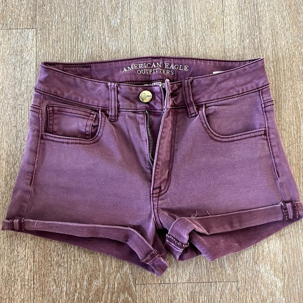 American Eagle Hi-Rise Shortie Super Strech Maroon Shorts - Size 4